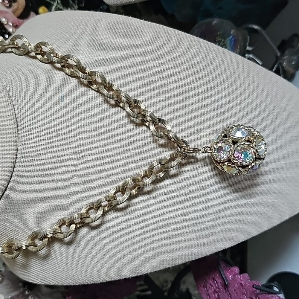 Gold Tone Necklace with Iridescent Ball Pendant